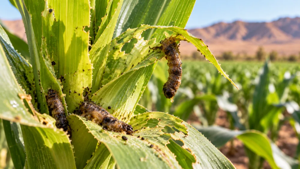 Larvas de cogollero muertas por Bacillus thuringiensis sobre las hojas de una planta de maíz